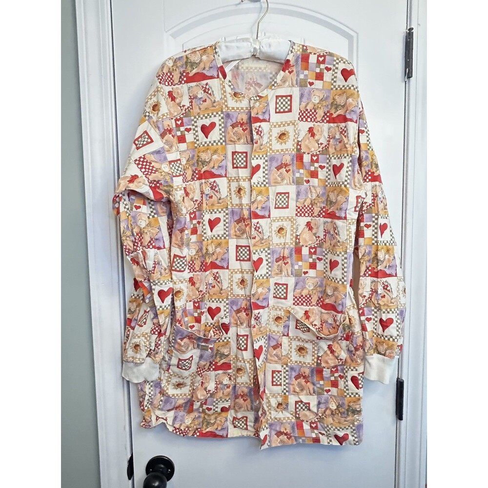 Cotton Scrubs Cat Teddy Heart Patchwork Print Scrub Jacket Estimated Size Large - Picture 2 of 15